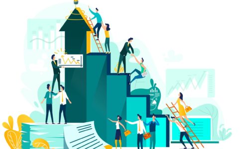Goal achievement and teamwork business concept, career growth and cooperation for development of project, idea vector flat cartoon illustration. Ladder of success and climbing people, company staff